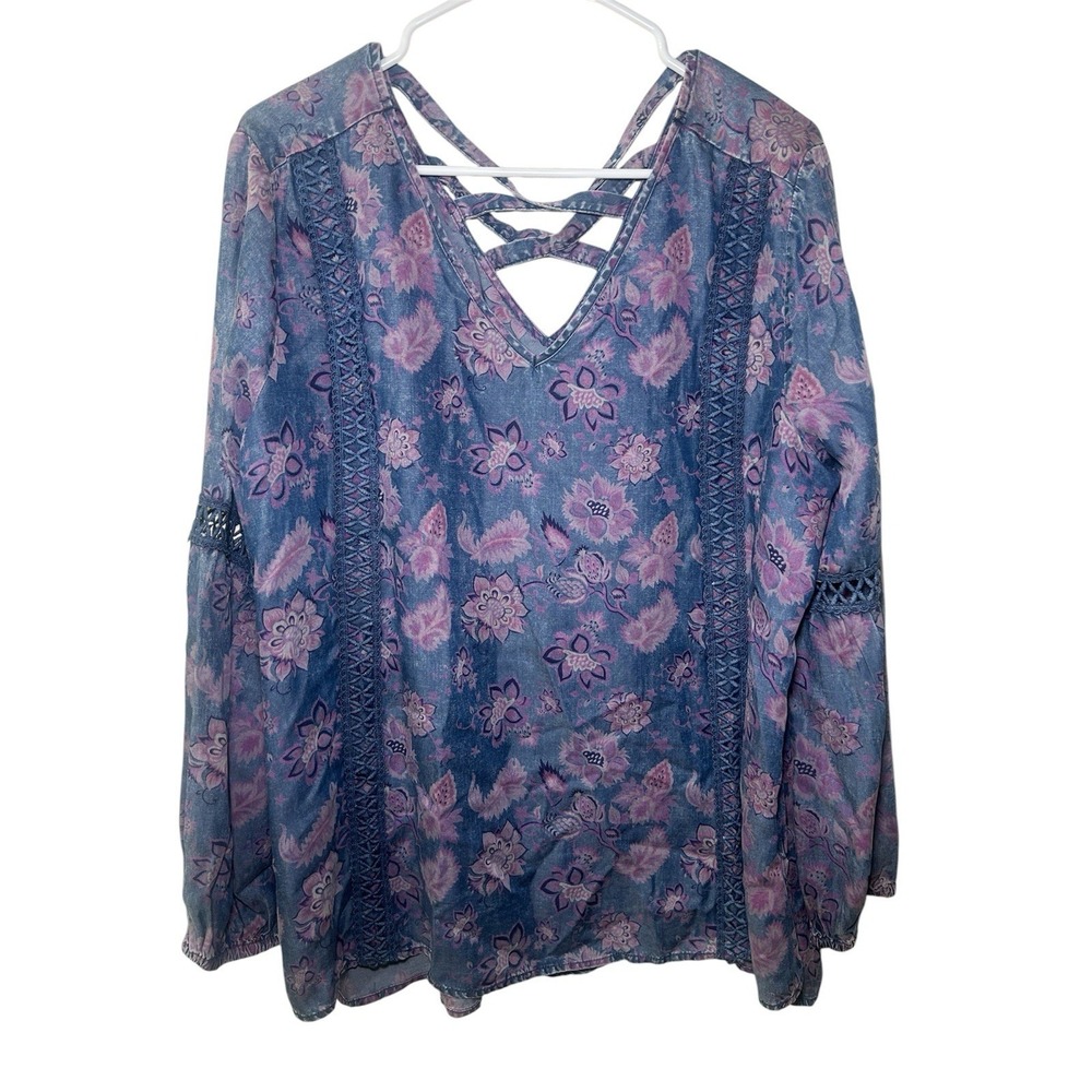 Standard Grace Denim Floral Lace Long Sleeve Large Country Chic Mature Cottage